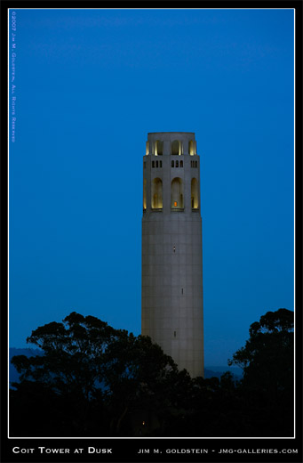 Coit Tower at Dusk San Francisco cityscape photo by Jim M. Goldstein