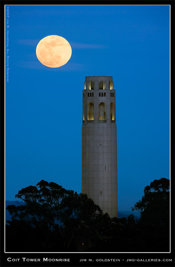 Coit Tower Moonrise San Francisco cityscape photo by Jim M. Goldstein